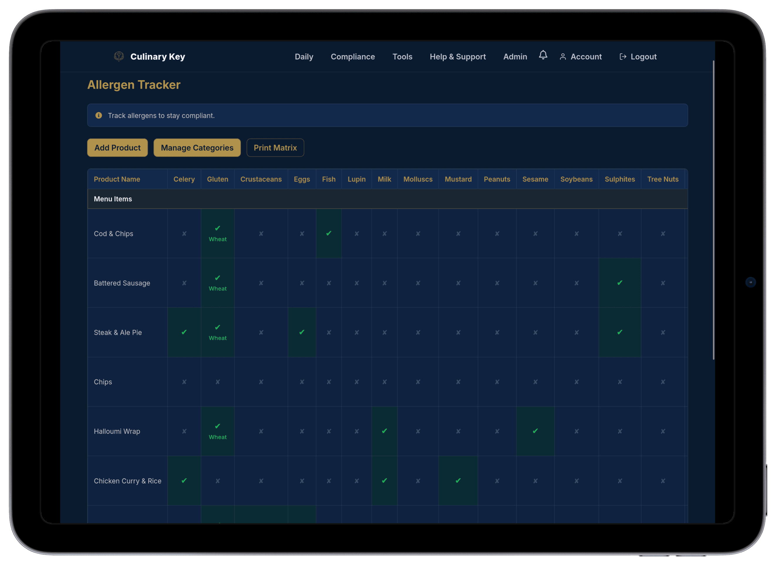 The Culinary Key allergen tracker open on a tablet, showing a product-by-allergen matrix